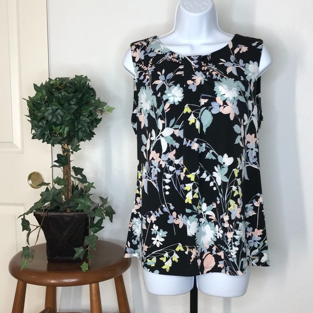 Calvin Klein Floral Sleeveless Blouse | Black/Light Blue | Medium - Picture 2 of 12